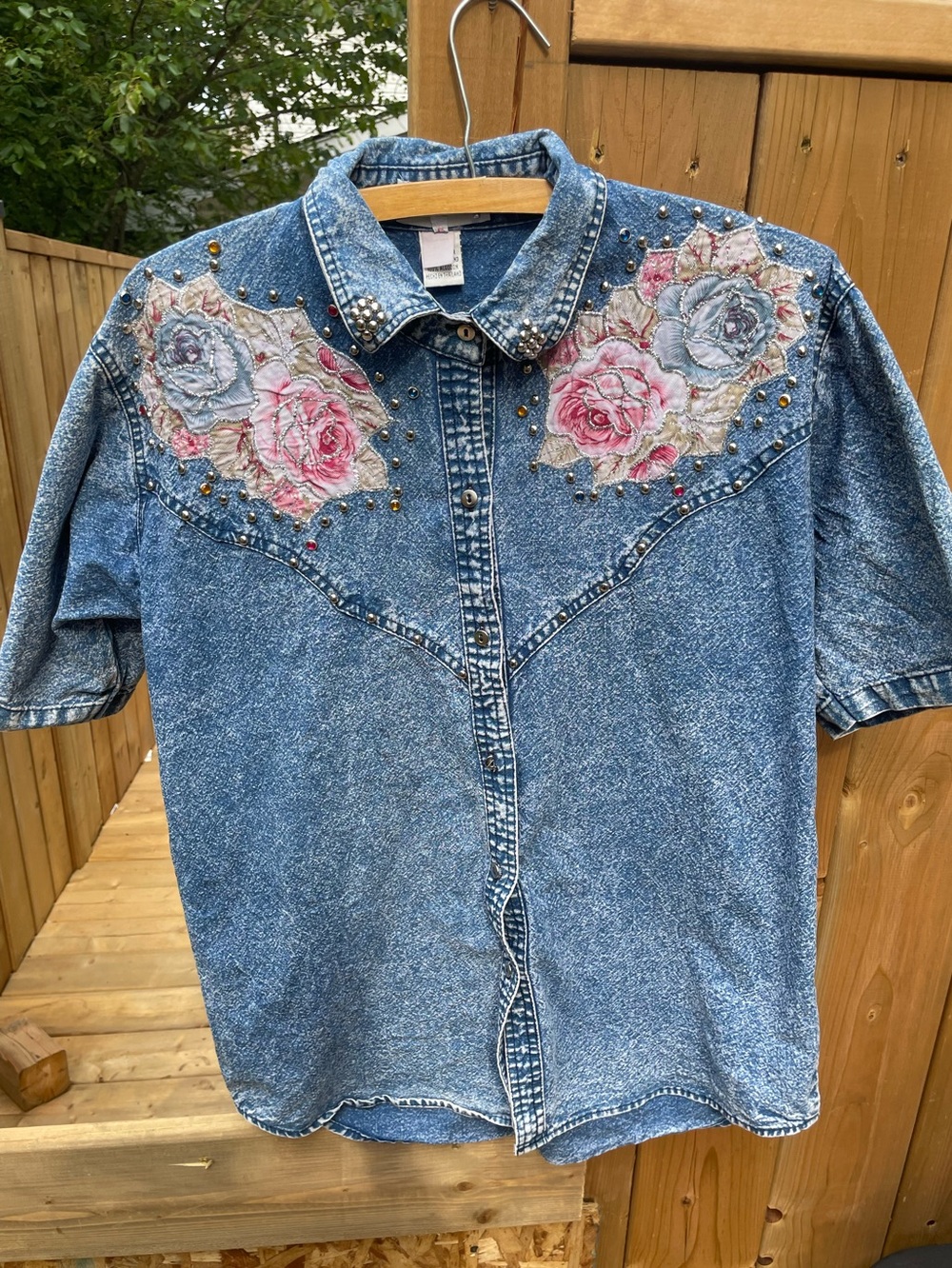 Vintage 80’s Passion Blue Acid-Wash Denim Blouse with Floral Embroidery